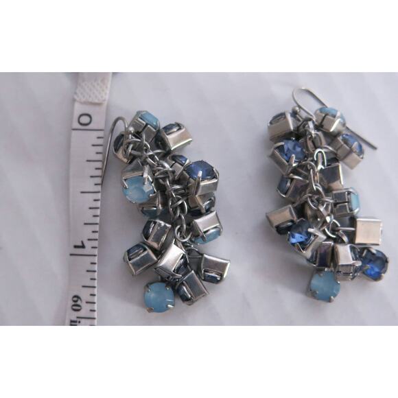 PIERCED EARRINGS Long Dangle Drop Cluster Blues Silver Sparkle Boho Jewelry - Picture 4 of 8